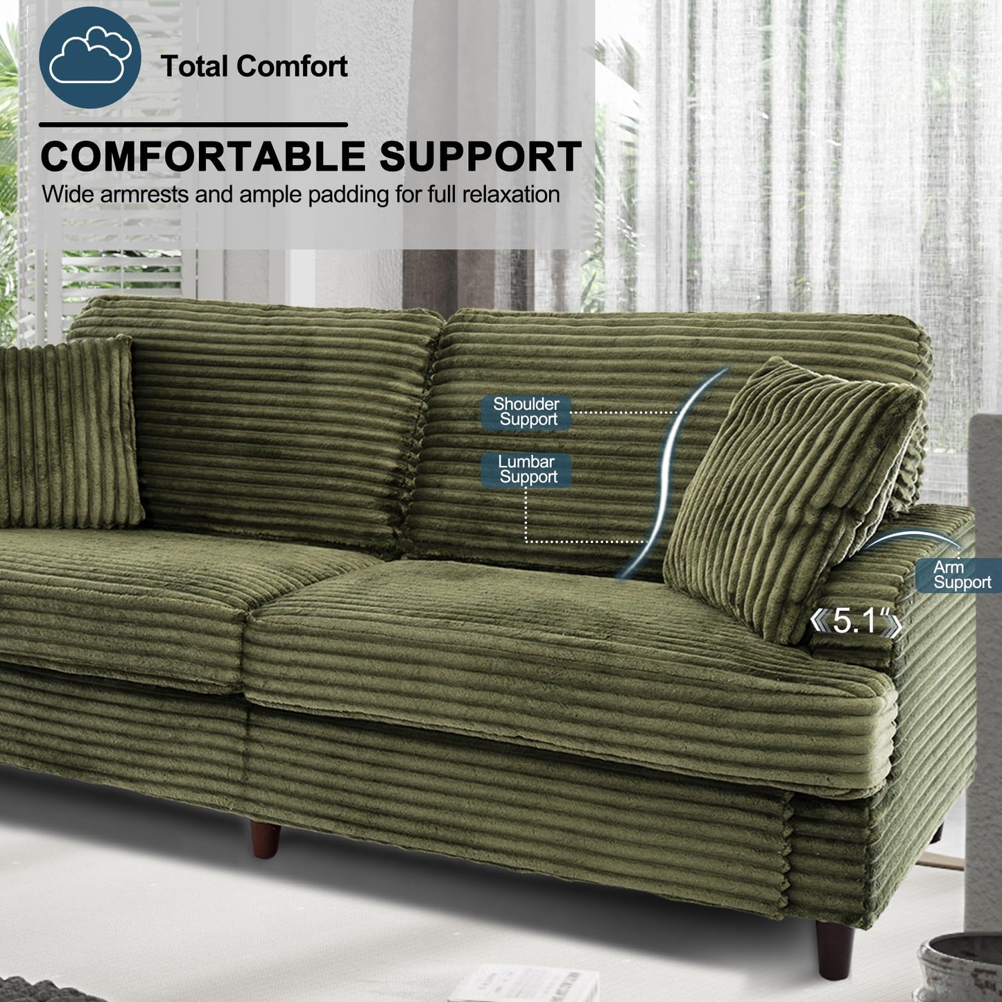 Ribilake 80 Inch Sofa Couch, Comfy Love Seat Couches for Living Room, Mid Century Modern Oversized Two Seater Couch, Plush Corduroy Deep Seat Sofas for Bedroom, Small Space Apartment, Green