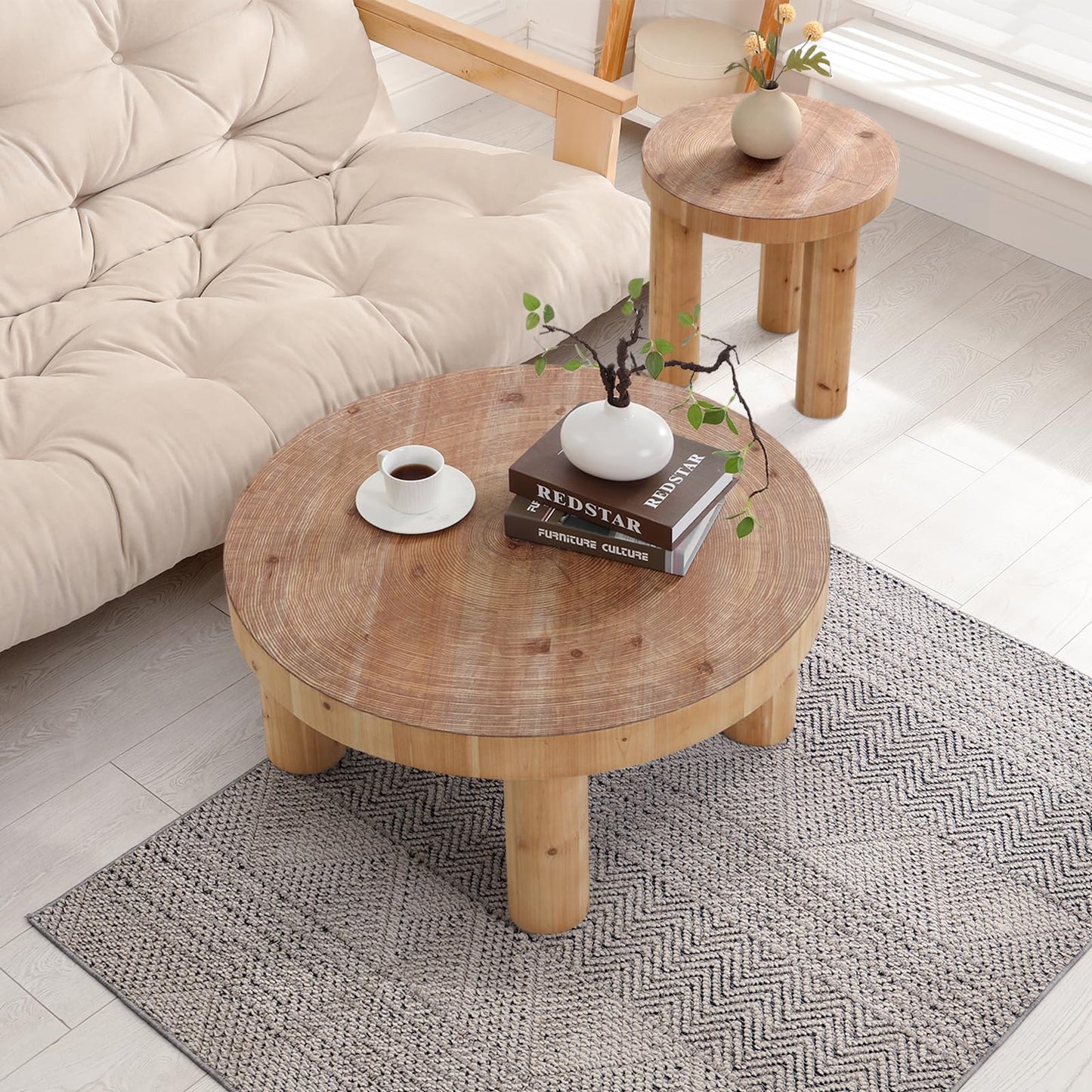 RUSTOWN 2-Piece Round Farmhouse Coffee Table, Rustic Coffee Table Sets, Circle Wooden Ring Finish with Solid Wood Legs, Center Tables Set for Living Room (Natural)