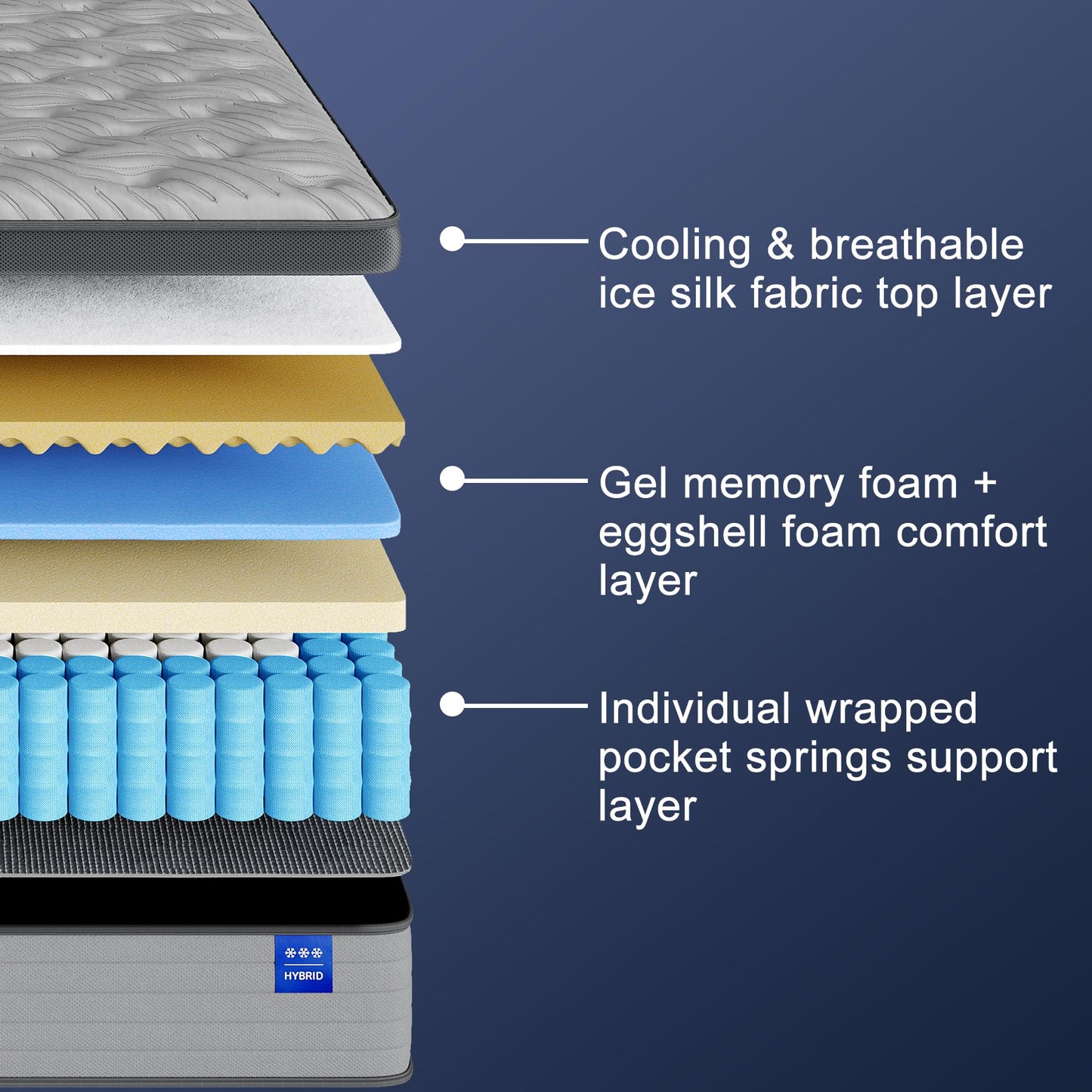 JUSTROOMY Queen Mattress Firm 12 Inch Hybrid Mattress with Gel Memory Foam, Cooling Ice Silk Top, Mattress in a Box, Back Pain Relief, Individual Pocket Spring-Extra Edge Support, 60*80", US Assembly