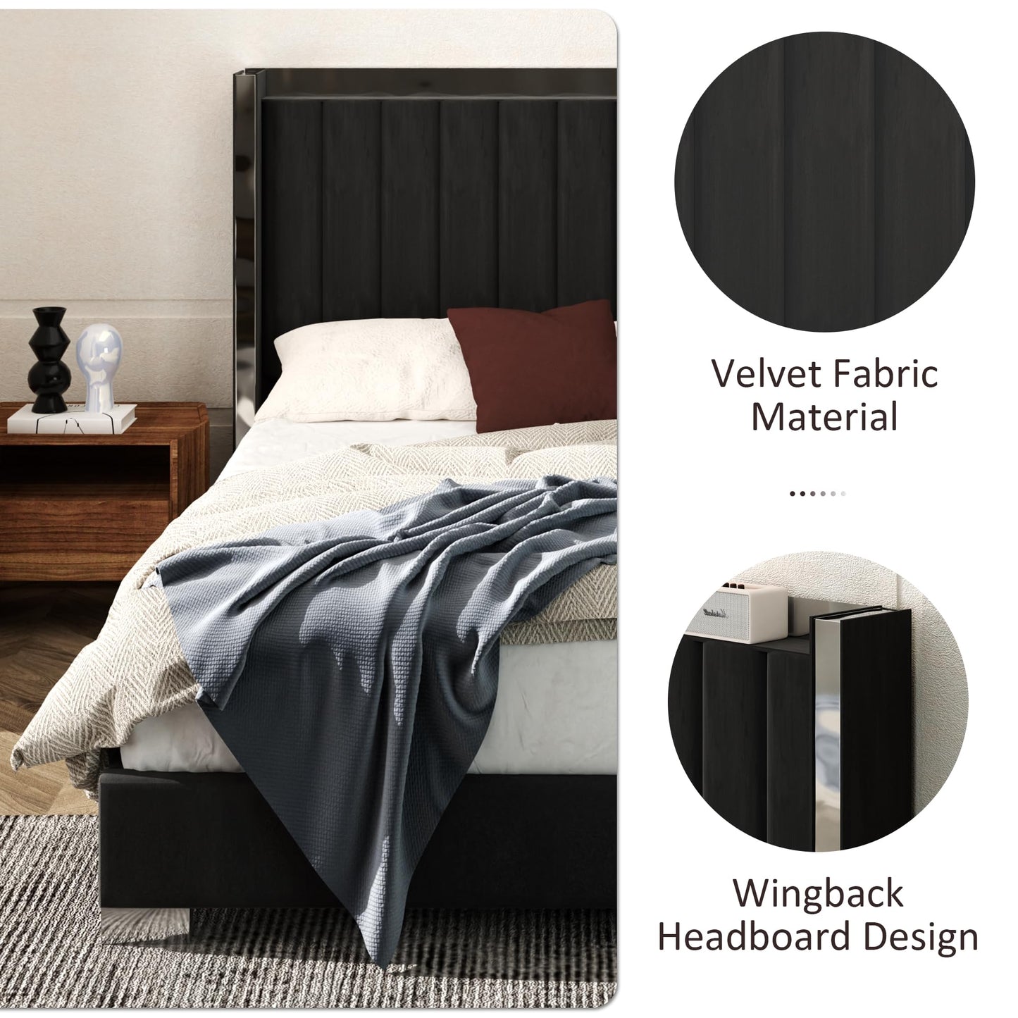 Konprosp Queen Size Bed Frame Velvet Upholstered Platform Bed with 58" Tall Headboard, Channel Tufted Wingback and Plating Trim, Solid Wooden Slats Support, No Box Spring Needed, Black