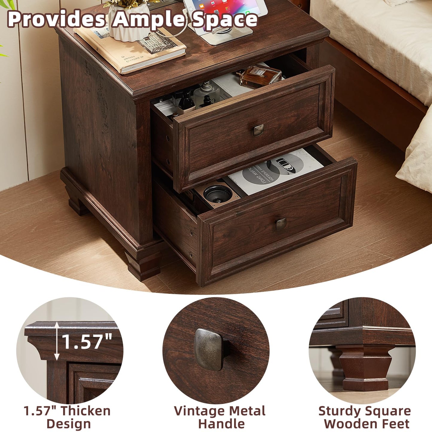 SAVOR LIFE Farmhouse Nightstand with Charging Station, Rustic Low Night Stand with 2 Drawers, Mid-Century Modern End Table with 4 Square Solid Wood Legs, Small Dresser for Bedroom, Home, Walnut