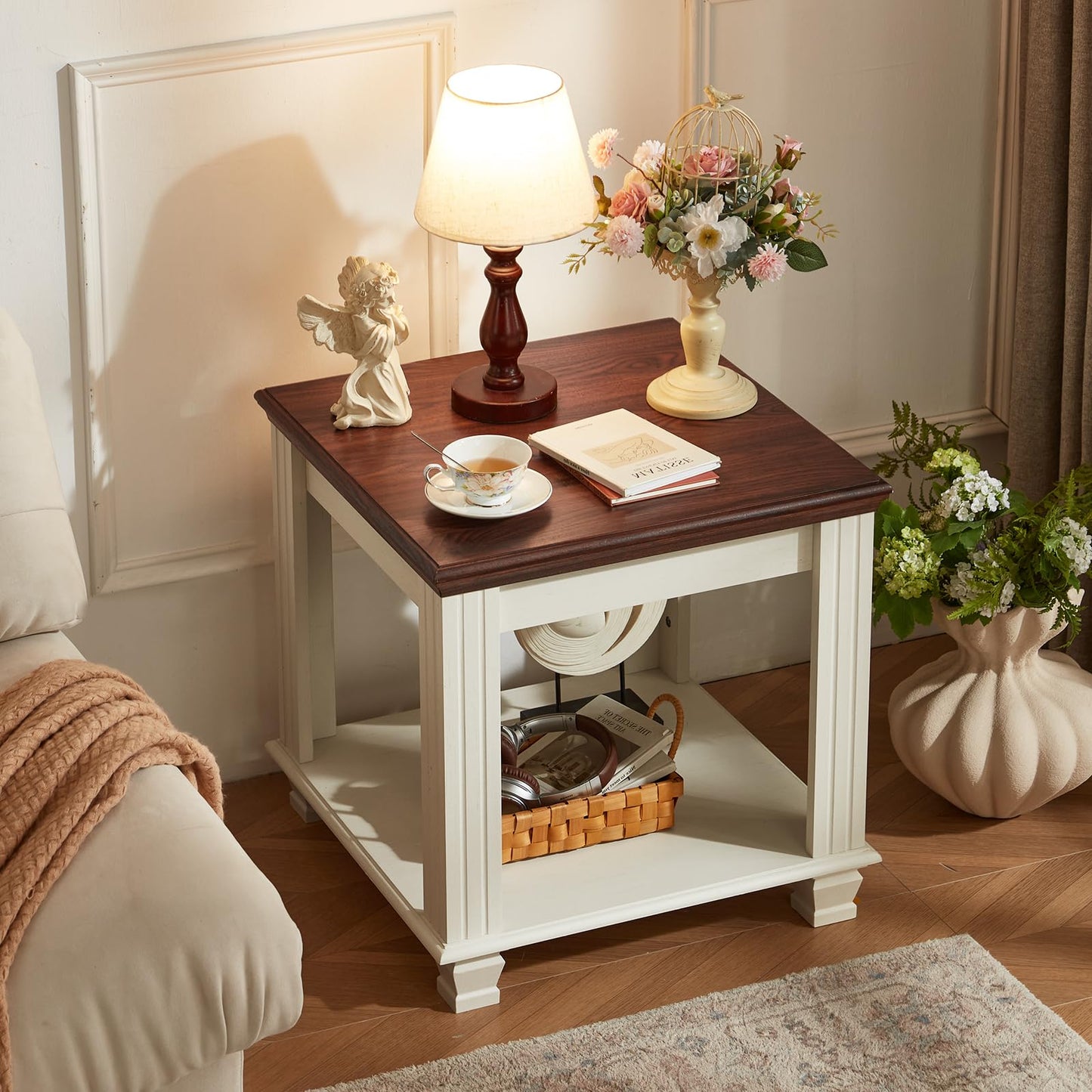 Farmhouse End Table with 2-Tier Storage Shelf, 22.8 inch Side Table for Living Room,Modern Nightstand,Small Bedside Table for Bedroom,White