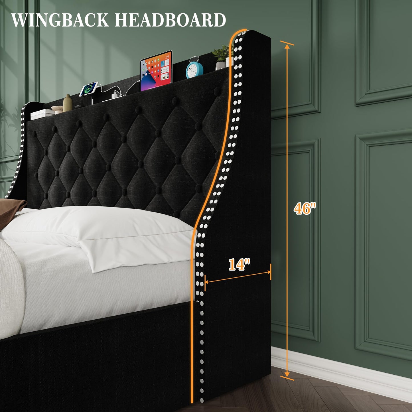 Reljofum Upholstered Queen Bed Frame with 4 Storage Drawers，Wingback Headboard with Charging Station, Diamond Stitched Button Tufted Design, No Box Spring Needed, Black