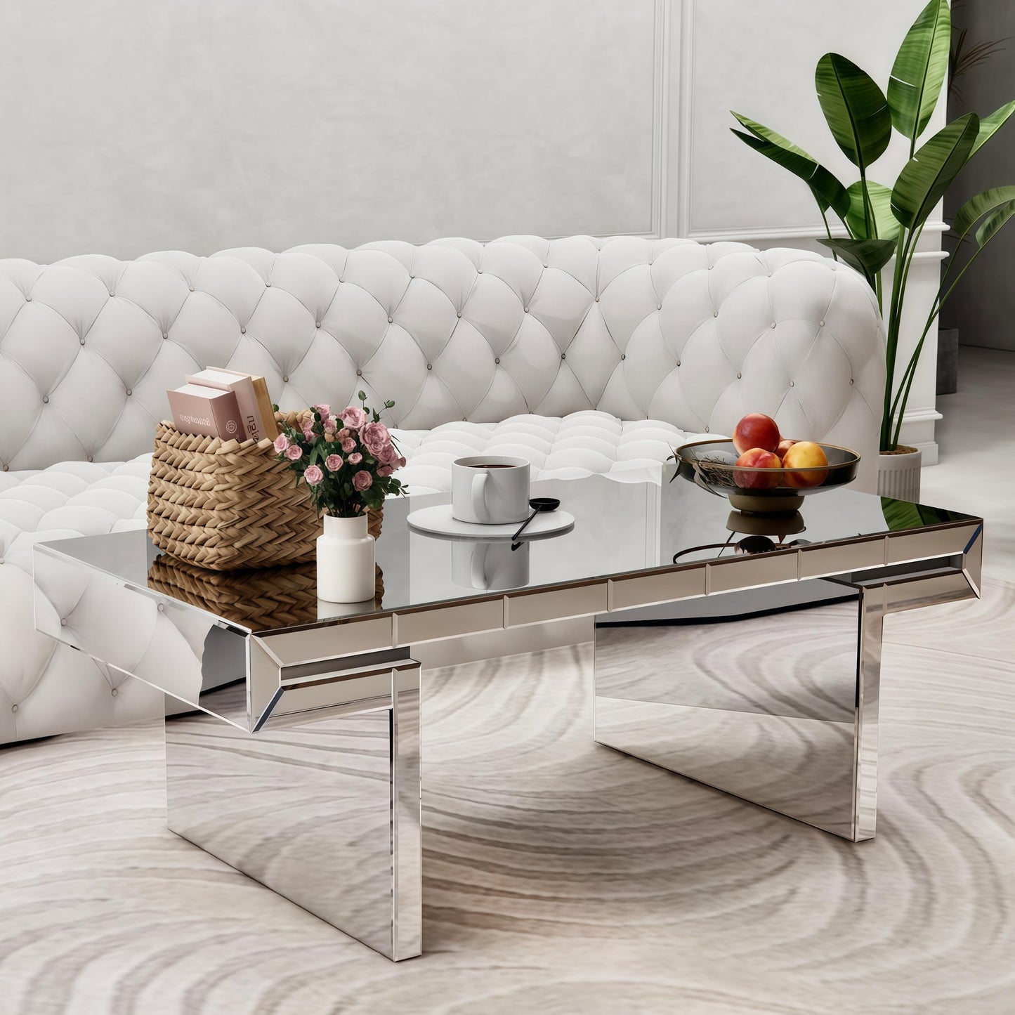 Silver Mirrored Coffee Table, 48" Rectangle Modern Coffee Table with Fluted Tempered Glass, Luxury Mirrored Center Table Accent Coacktail Tea Tables for Living Room Home Office