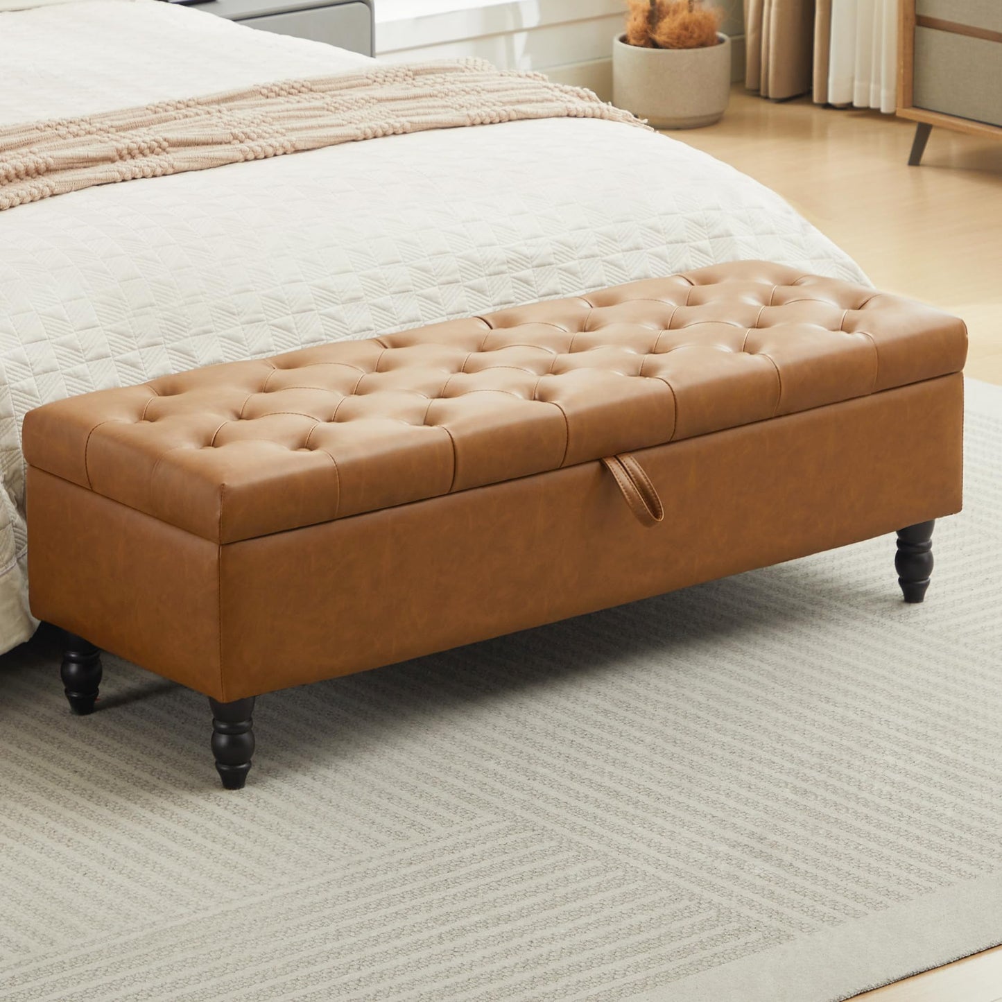 Hicosit 51 Inch Ottoman, Storage Bench Foot of Bed, Faux Leather Large Rectangular Upholstered Footstool for Bedroom End of Bed, Living Room, Entryway (PU Brown)