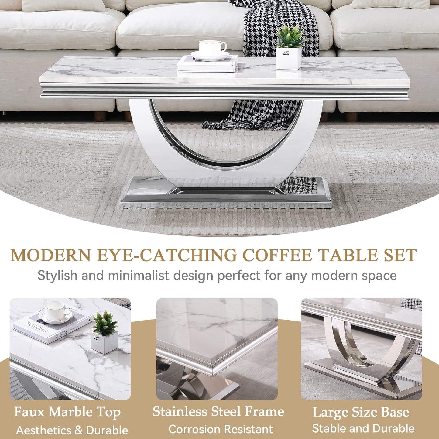 Modern Marble Coffee Table with Stainless Steel Pedestal, 47" Luxury Silver Coffee Table for Living Room, Unique Faux Marble Cocktail Table Rectangle Funky Coffee Center Tables for Living Room