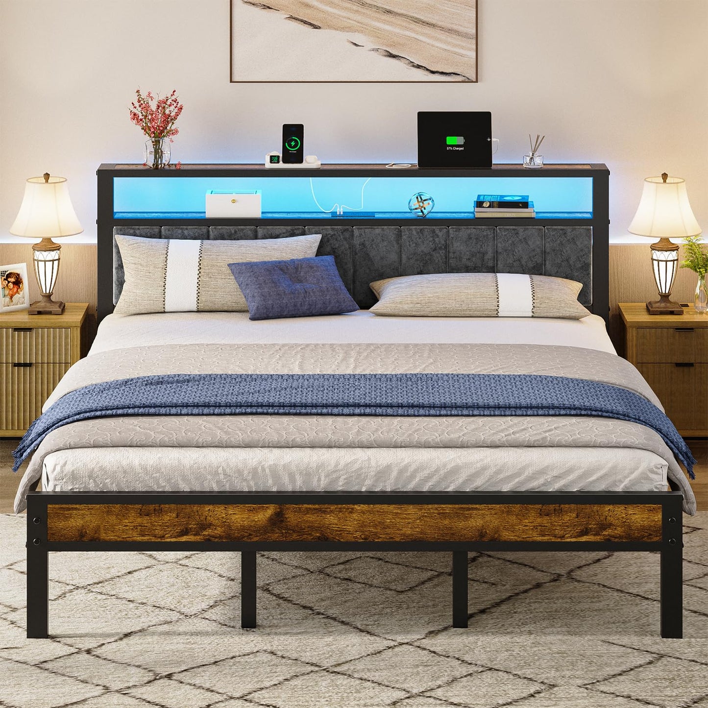 King Size Platform Bed Frame with LED Lights, Grey Upholstered Headboard with 2-Tier Storage Shelves with Charging Station, Noise Free, No Box Spring Needed, Easy Assemably