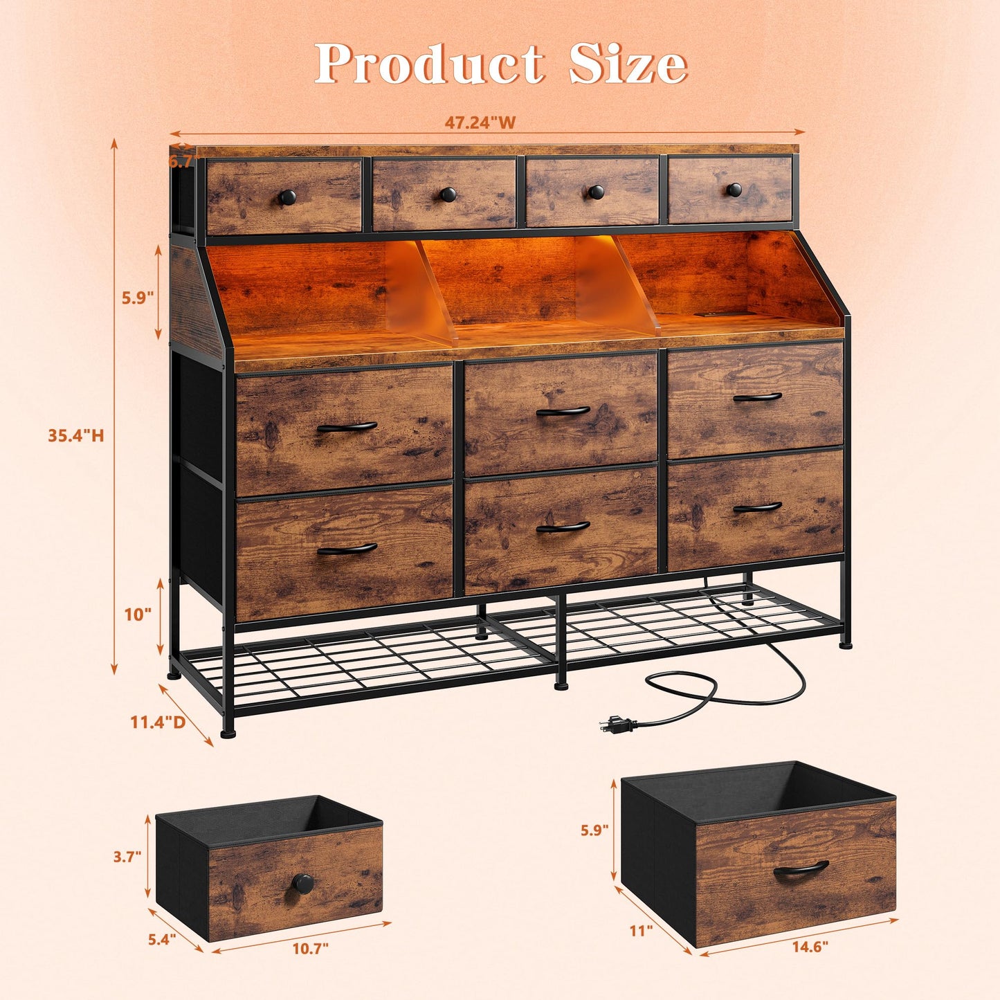 Dresser for Bedroom with 10 Drawers & Shoe Rack Fabric Dressers & Chests of Drawers with LED Lights and Power Outlets Bedroom Dresser for Entryway, Halfway, Closet (Rustic Brown)