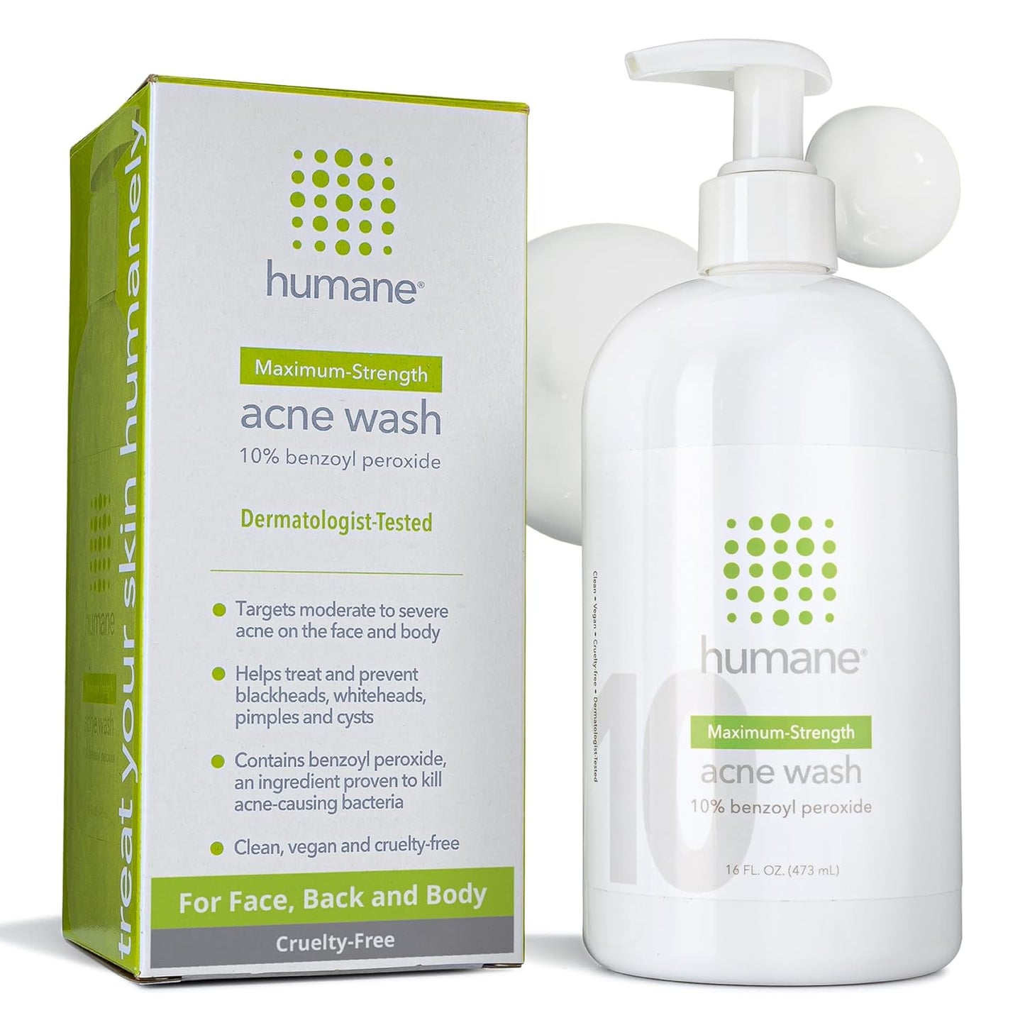 humane Benzoyl Peroxide Acne Body Wash - 10% Maximum-Strength Face, Skin, Butt, and Back Acne Treatment - 16 Fl Oz - Dermatologist-Tested Non-Foaming Acne Face Wash Cleanser - Vegan, Cruelty-Free