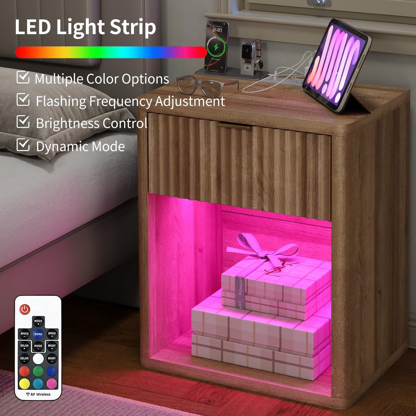 Night Stand Nightstand with Drawer Storage Bed Side Table End Table Large Modern Wood Wide Bedside Stand Mid Century Night Stands for Bedroom Living Room Sofa Couch Home Office, Oak