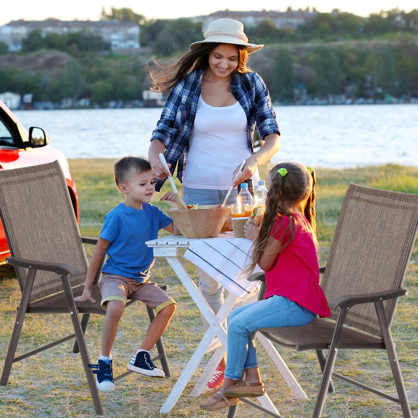 Aoodor Folding Patio Dining Chairs Textilene Fabric, Outdoor Steel Frame for All Weather Use, Fit for Porch, Lawn, Yard, Set of 4, Brown