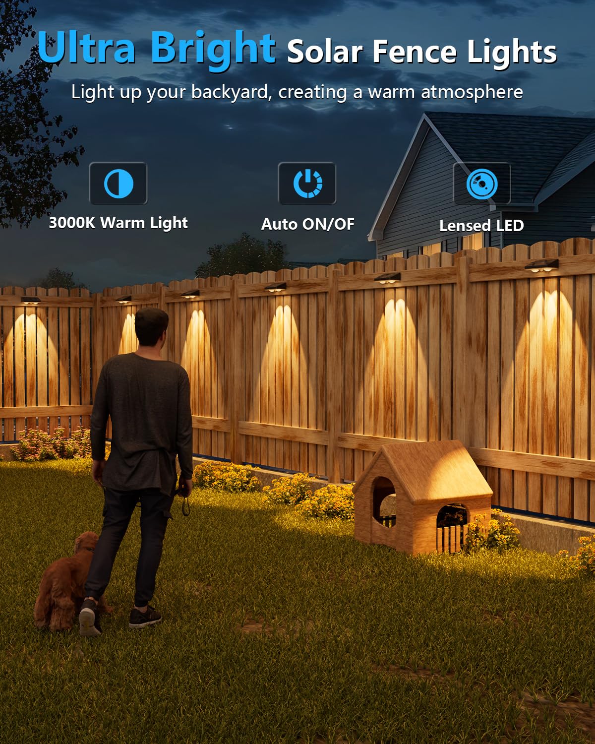VOLISUN Solar Fence Lights, 12 Pack Solar Powered Fence Lights Outdoor with Warm White LED Spot Lens, IP65 Waterproof Fence Solar Lights Outdoor for Patio, Backyard, Railing, Deck（Black）