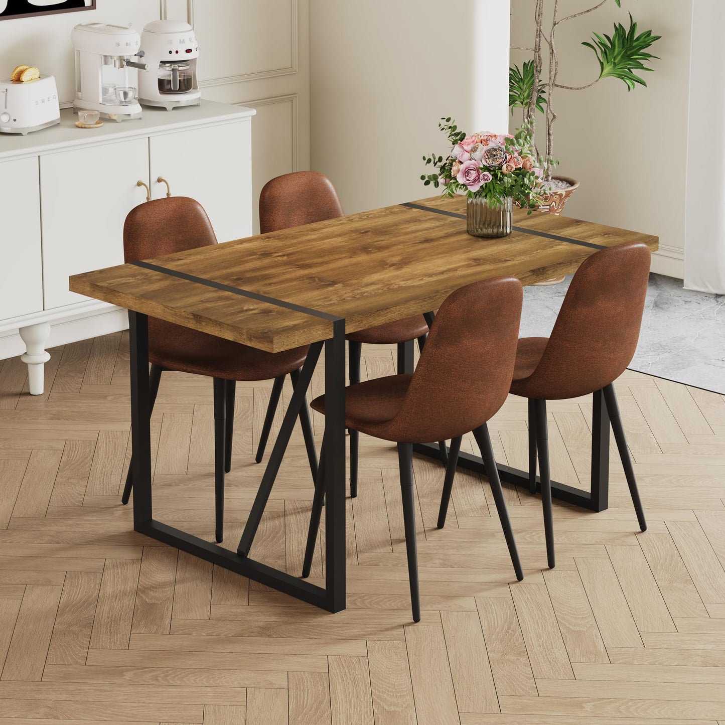 MUUOKY Dining Table Set for 4, Modern 55'' Dark Wood Dining Table and Fabric Dining Chairs Set of 4,Table and Chairs Set of 4,Ideal for Kitchen Dining Room