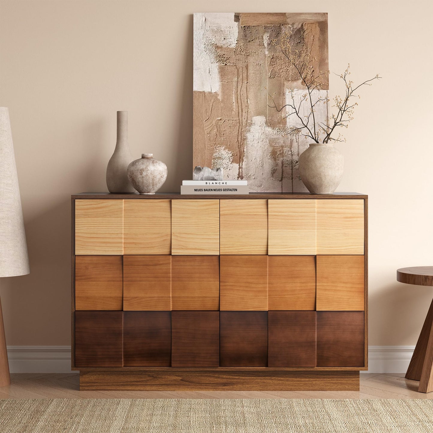 Lamohome 6 Drawer Dresser with Solid Wood Drawer Fronts, 47" Chest of Drawers Modern Wood Dresser with Artistic Gradient Color-Block Finish for Bedroom & Living Room