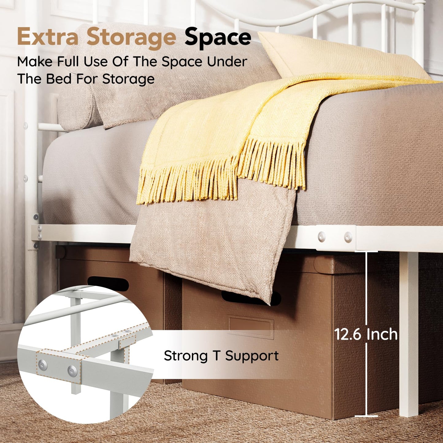 Florise Queen Size Bed Frame with Headboard, 14 Inch Tall Metal Platform Bed Frame Mattress Foundation with Footboard, Under Bed Storage, Strong Metal Slats Support, No Box Spring Needed, White