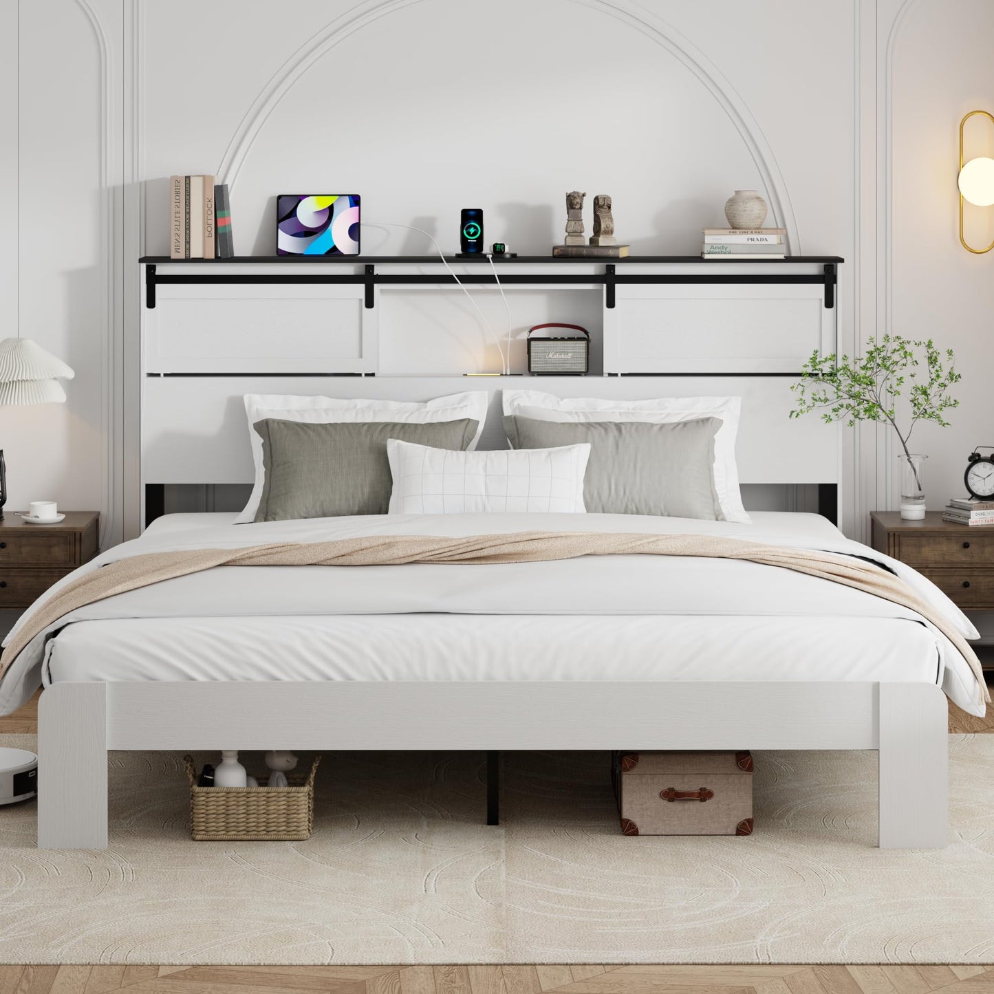 PAUKIN King Size Wooden Bed Frame with Storage Headboard,Boho Platform Bedframe with Sliding Barn Doors, LED Lights and Charging Station, Sturdy Metal Slat Support.(Boho White, King)