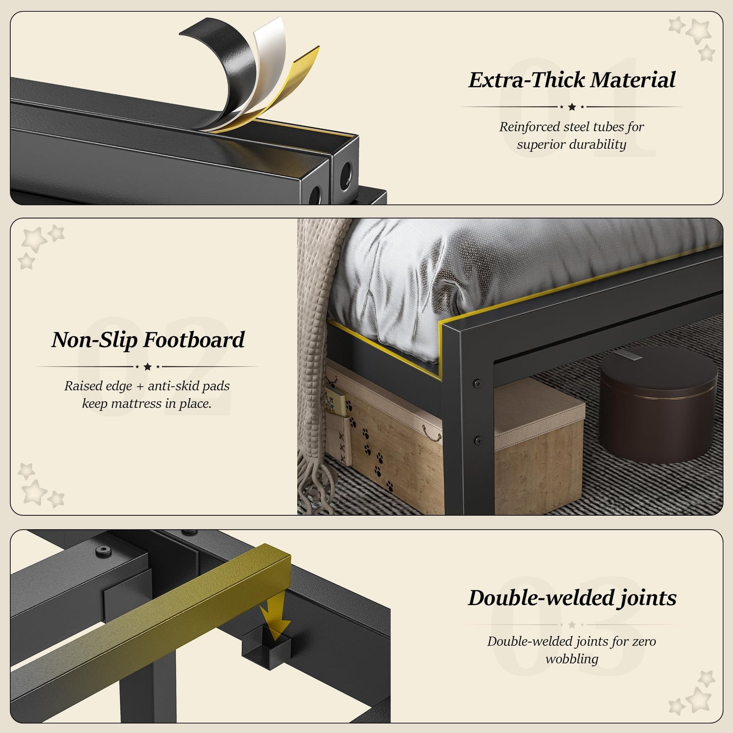 Homkdom Metal King Size Bed Frame and 2-Tier Storage Headboard, Bed Frame King Size with LED Light, Victorian Mattress Foundation Under Bed Storage/No Box Spring Needed/Noise-Free/Easy Assembly, Black
