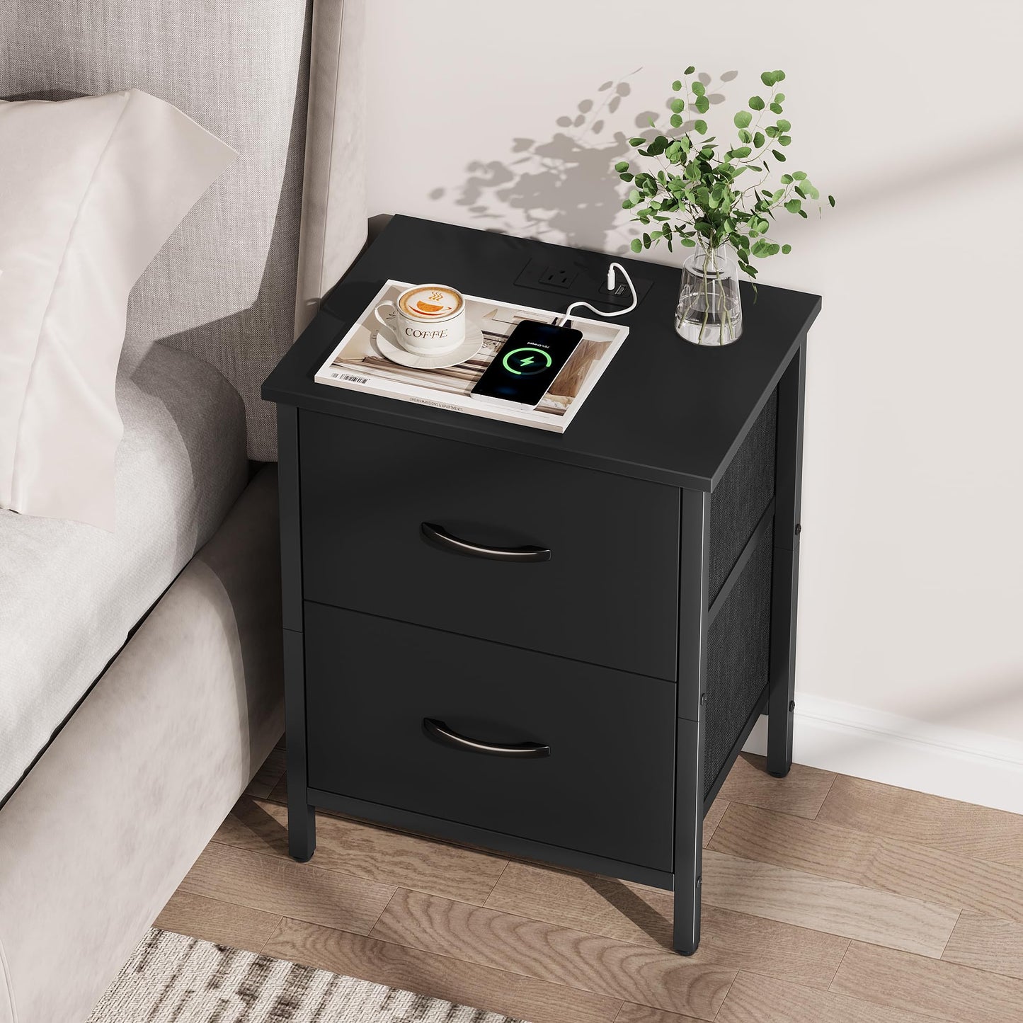 Vagusicc Nightstand Set of 2 with Charging Station, End Table Bedside Table with Power Outlet & USB Ports, Side Table with 2 Fabric Drawers for Bedroom, Living Room, Black