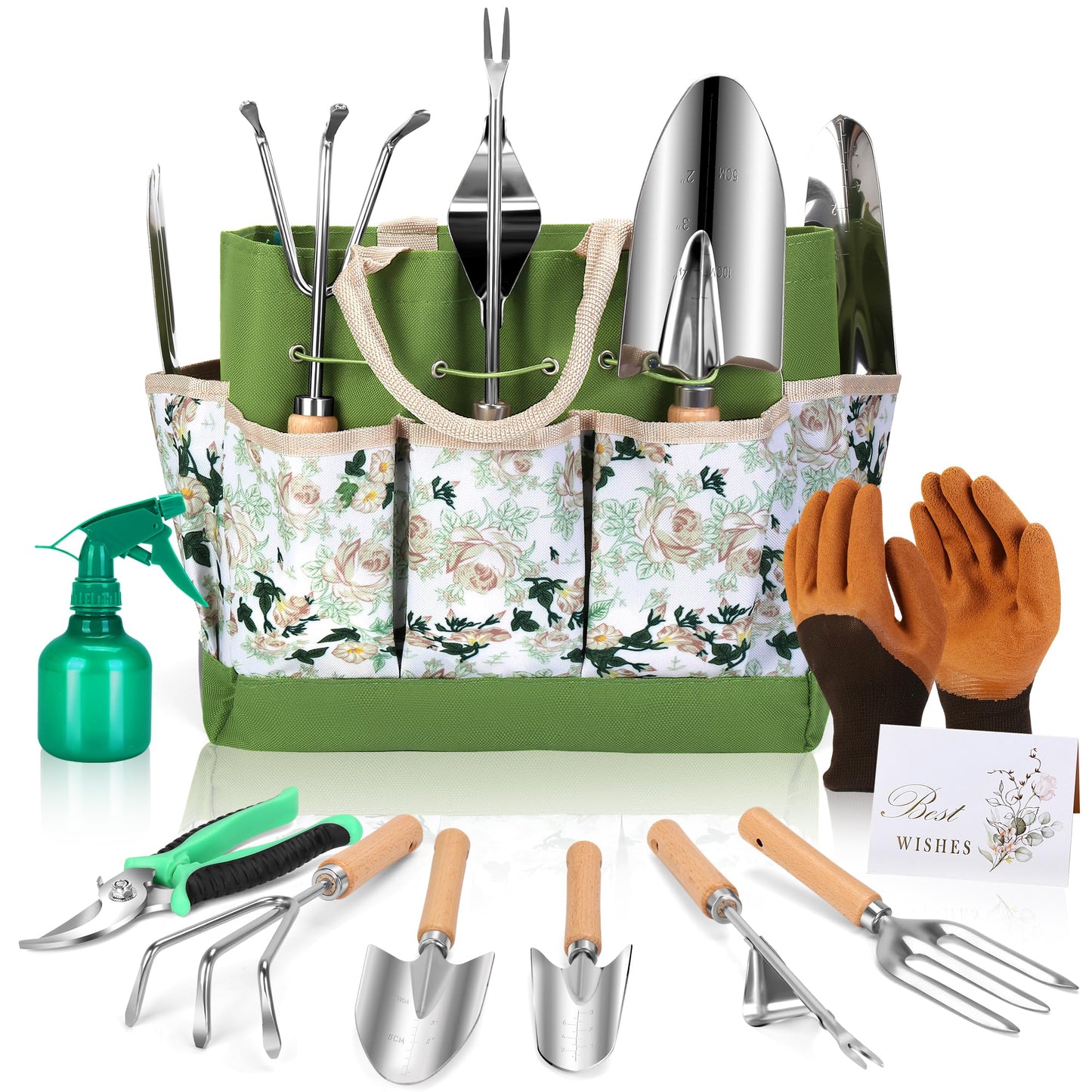 Garden Tools Set 10-Piece, Heavy Duty Stainless Steel Garden Hand Tools with Floral Tote Bag - Rust-Proof Garden Tools for Gardening, Gardening Gifts for Women Mom