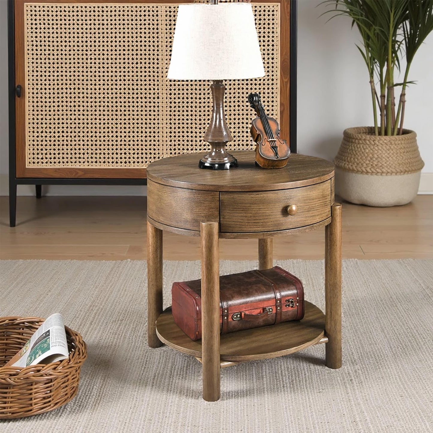 Solid Wood 2-Tier Round End Table with Drawer, 24" Small Sofa Side Table with Storage Oak Wood Accent Drink Table Modern Nightstand with Shelf for Living Room Bedroom Office, Brown