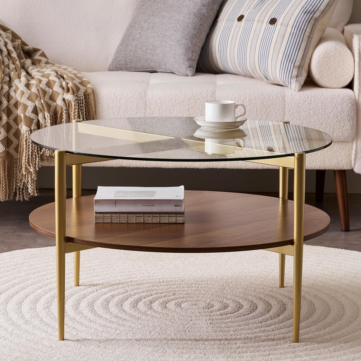 LumFurn Round Coffee Table, Mid-Century Modern Design, D30“ x H17”, for Living Room, 2-Tier Structure, Clear Glass Top and Walnut MDF Shelf, Sleek Conical Metal Legs with Gold Finish