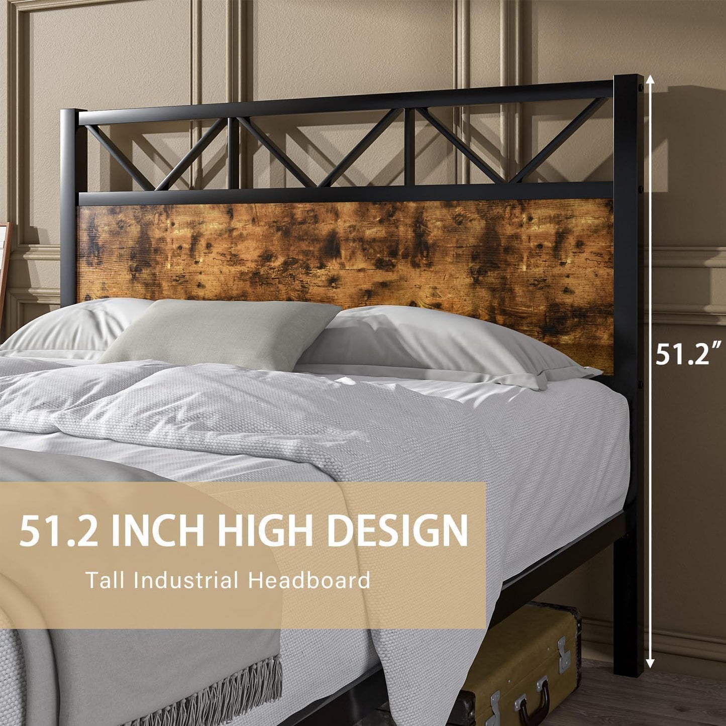 Queen Bed Frame with Headboard, Industrial 51.2" Tall Headboard, Queen Platform Bed Frame with Heavy Duty Metal Slats Support, No Box Spring Needed, Noise-Free, Easy Assembly, Rustic Brown