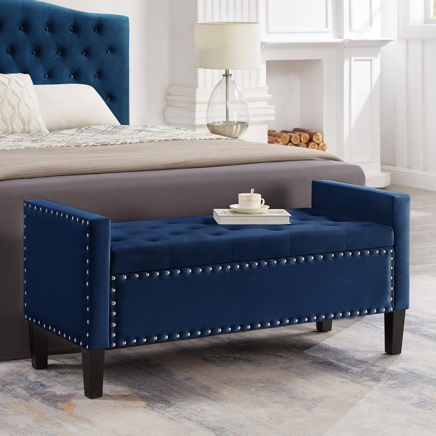 Favfurish Velvet Storage Ottoman with Armrests and Nails Trim,Entryway Living Room Soft Padded Seat,Bed Bench Bedroom End of Bed,Navy (48”L X 18.5” W X 22” H)