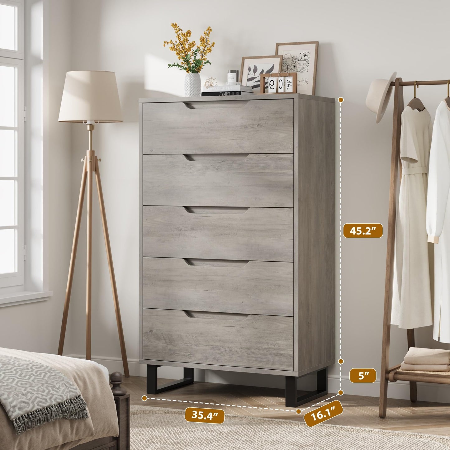 GarveeHome 5 Dresser for Bedroom, 50" Tall Dresser, Freestanding Vertical Drawer with Storage, Wooden Closet Chest Storage for Living Room, Hallway, Entryway, White