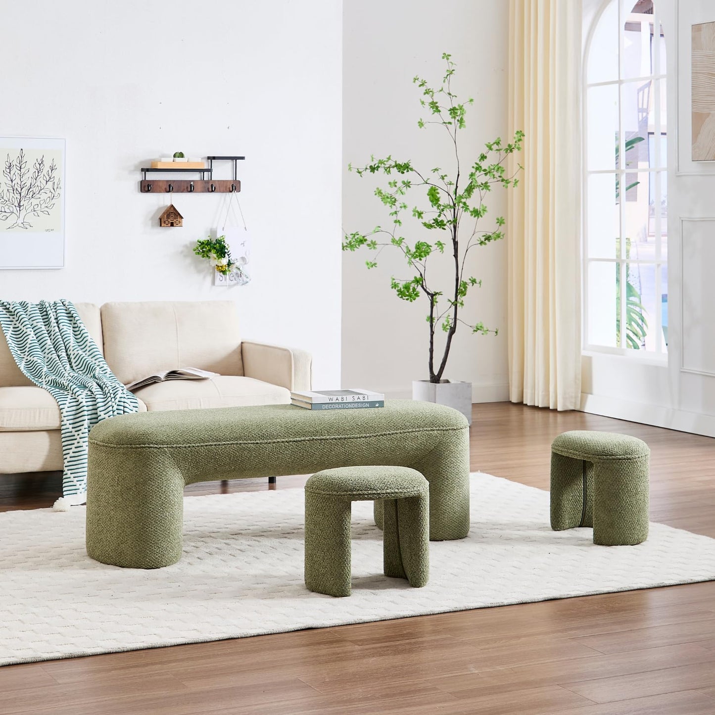Hyfirm 3-Piece 53" Comfy Upholstered Dining Bench with 2 Ottomans, Accent Waterfall Bench Modern End of Bed Entryway Bench Vanity Stool, Green Chenille