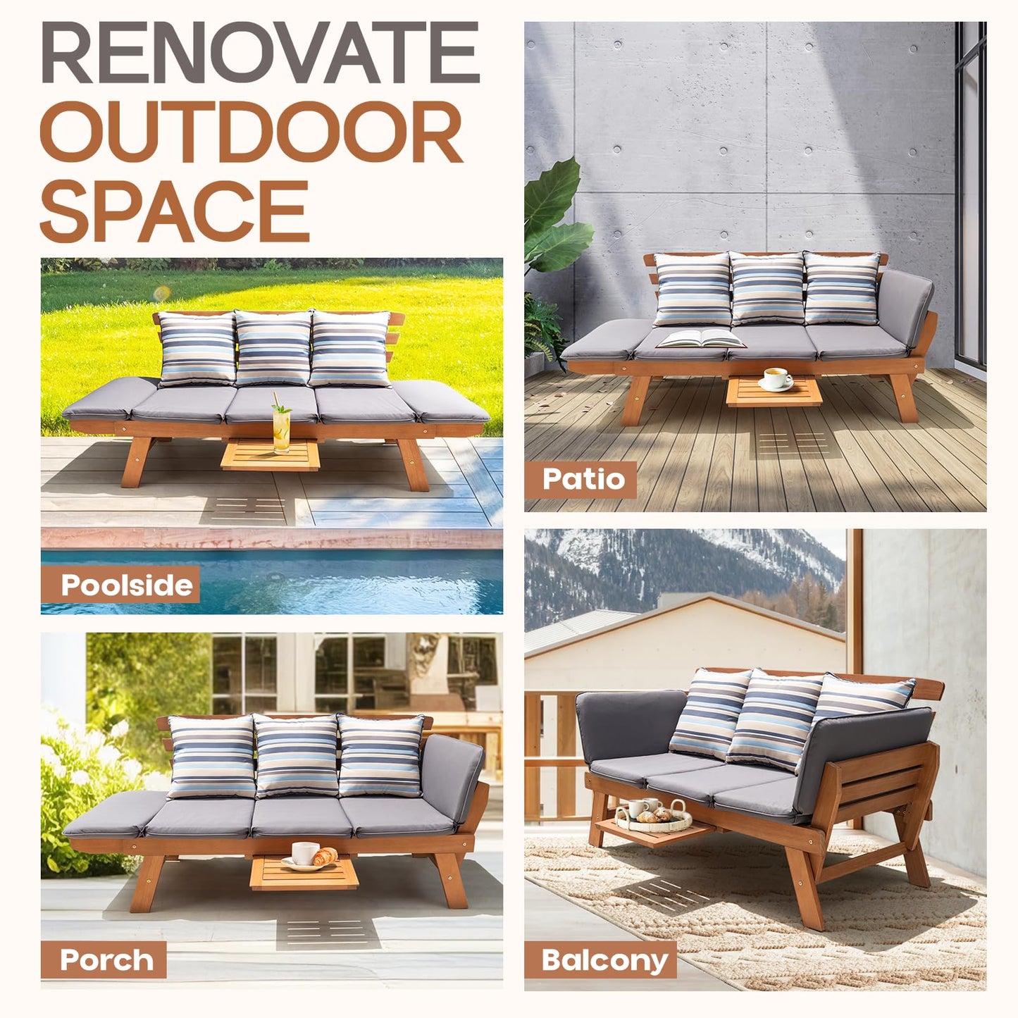 IDZO Amelie Eucalyptus Convertible Outdoor Sofa, 750lbs Capacity Patio Couch with Folding Armrest & Coffee Tray, FSC Certified Wood Furniture Set with 3 Pillows, High Static Load - Gray