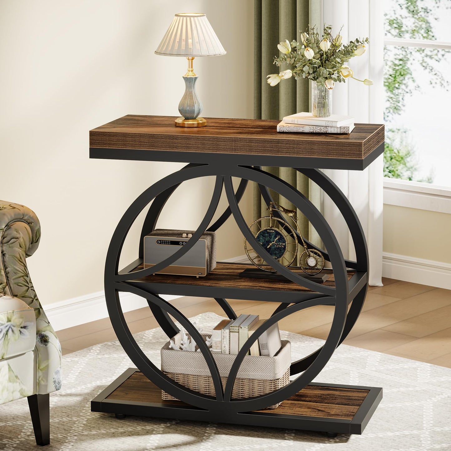 Tribesigns Side Table for Living Room, Narrow Small End Table with 3-Tier Storage, Wooden Industrial Bedside Nightstand with Metal Frame, Rustic Brown