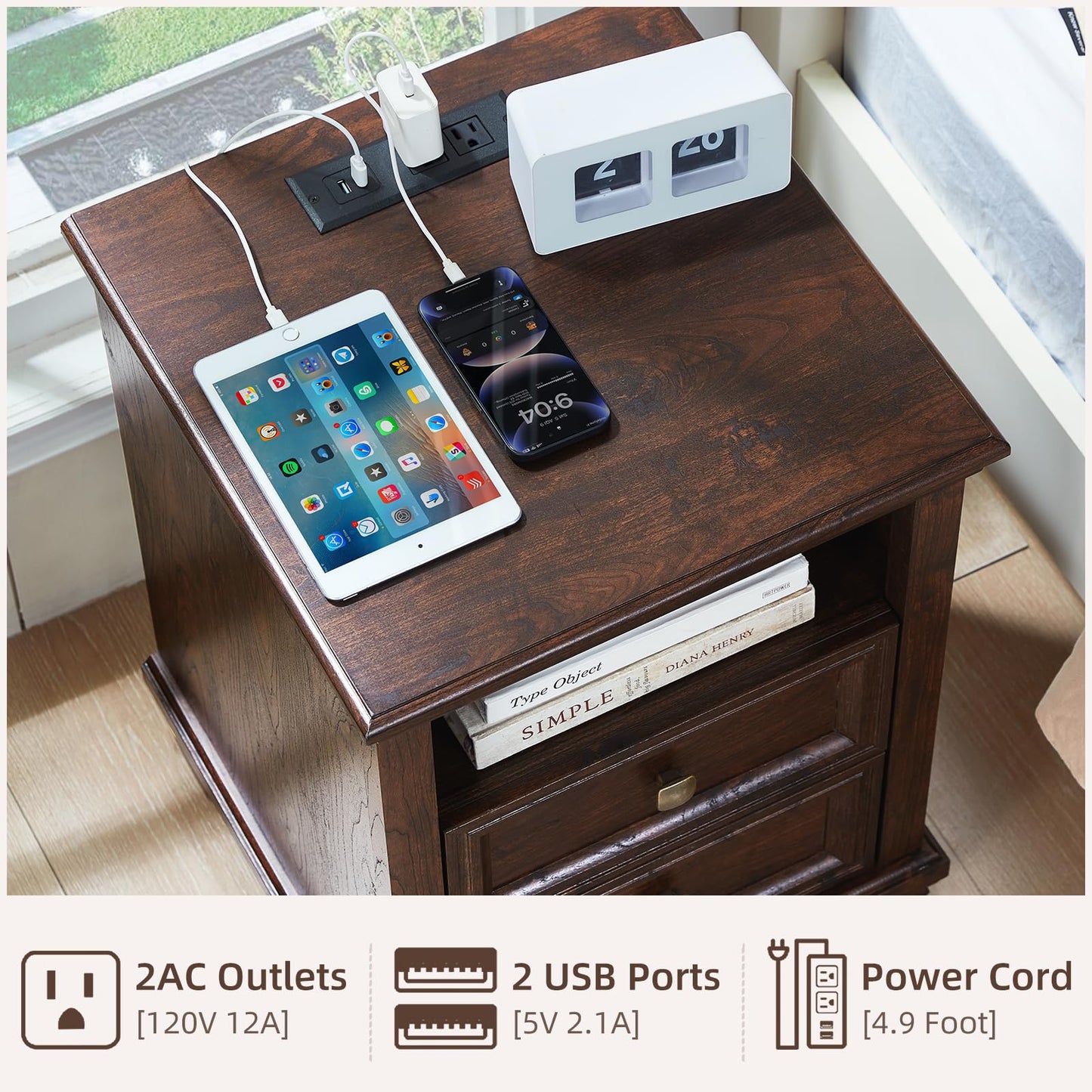 SAVOR LIFE Farmhouse Nightstand Set of 2 with Charging Station, Rustic Brown Nightstand,2 Drawers End Table for Living Room,Bedside Table with Open Shelf for Bed Room,Walnut