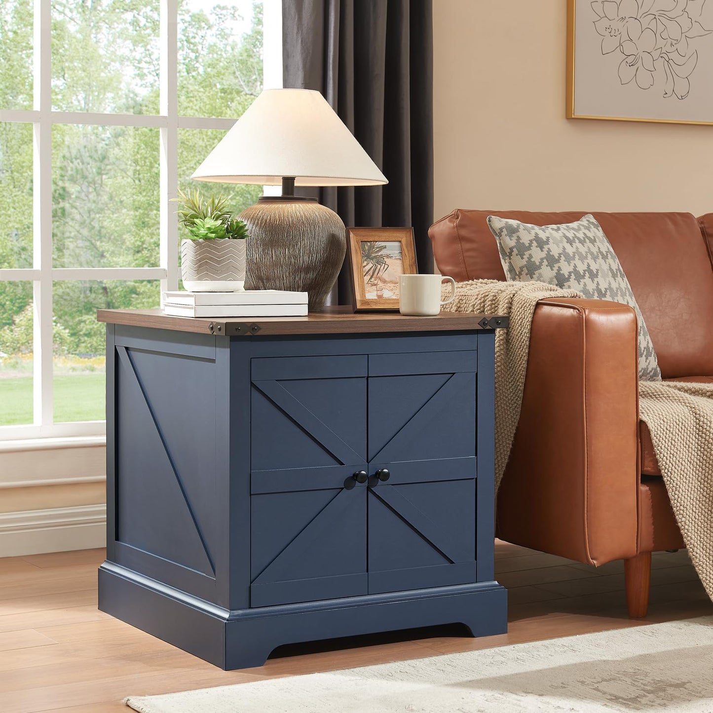 QUW 24" End Table with Charging Station, Bedside Table with Barn Door and Adjustable Shelves, Farmhouse Side Table, Nightstand for Bedroom, Living Room, Blue