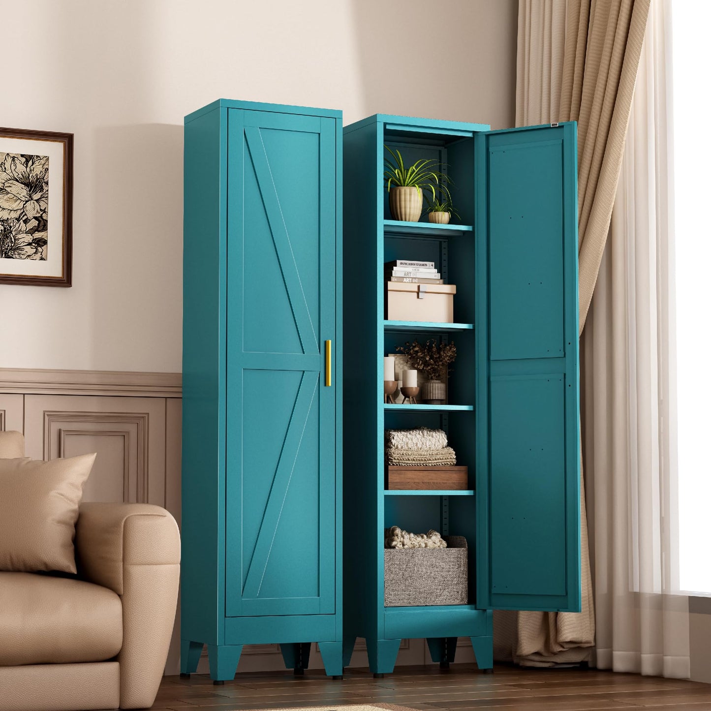 Narrow Bathroom Cabinet, Metal Storage Cabinet with 4 Adjustable Shelves and 2 Barn Doors,Tall Kitchen Pantry for Living Room, Home Office, Dining Room,Blue