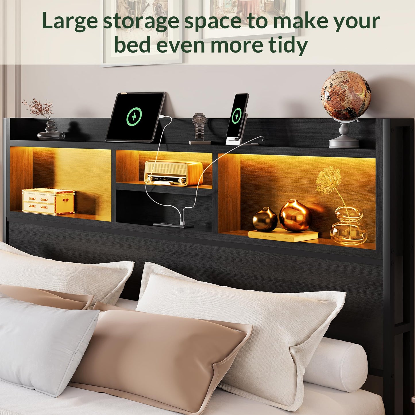 LARMACE King Size Bed Frame with 6 Storage Drawers and Headboard Wooden Platform Bed Frame with LED Lights and Charging Station Easy Assembly/No Box Spring Needed/Black