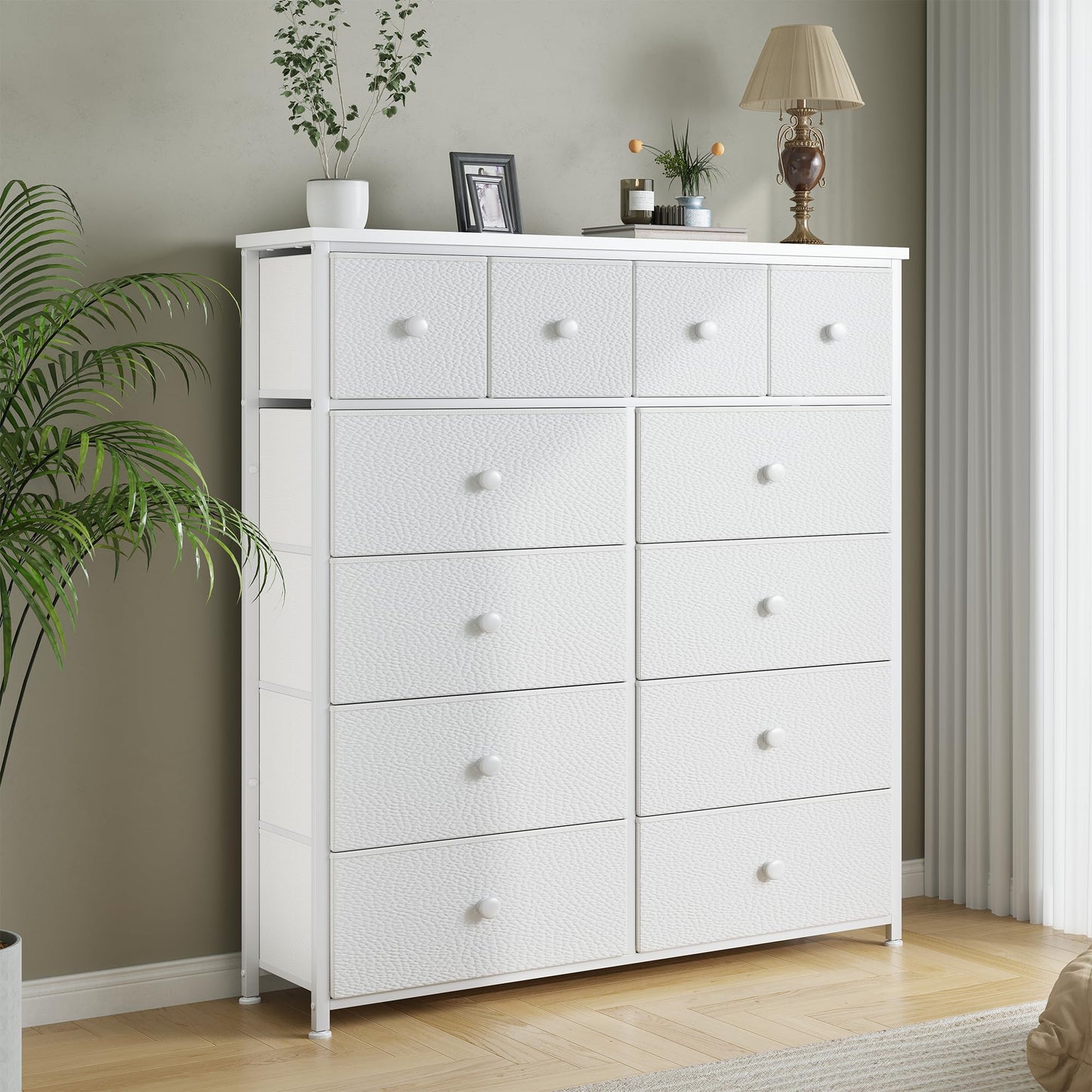 Dresser for Bedroom with 12 Drawers Tall Dressers for Bedroom Fabric Dressers & Chest of Drawers with Sturdy Metal Frame, Wood Top, for Girls, Closet, 40.6" W x 11.8" D x 44.5" H (White)
