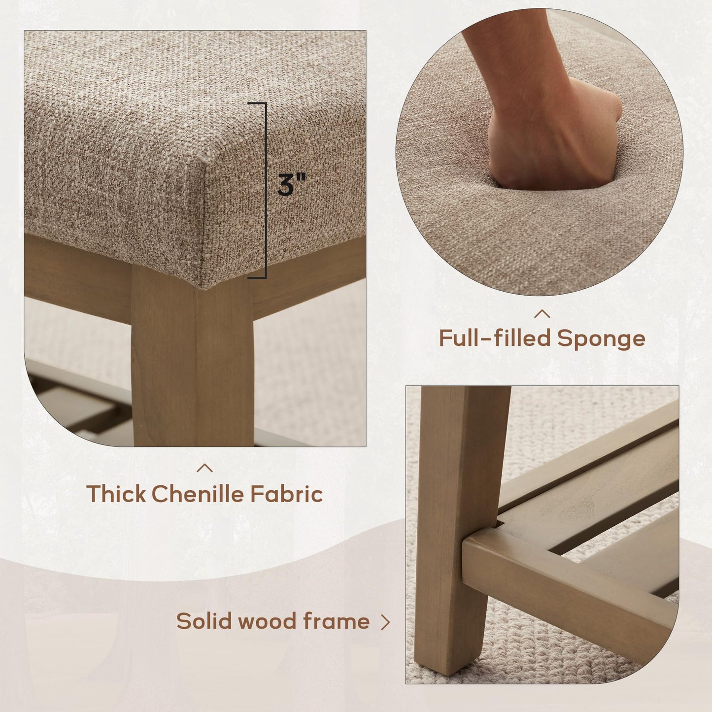 Zihanhome Entryway Shoe Bench with Cushion, End of Bed Bench,Upholstered Bench for Kitchen, Bench with Solid Wood Shelf, Fabric Ottoman Bench for Hallway, Living Room (Brown)