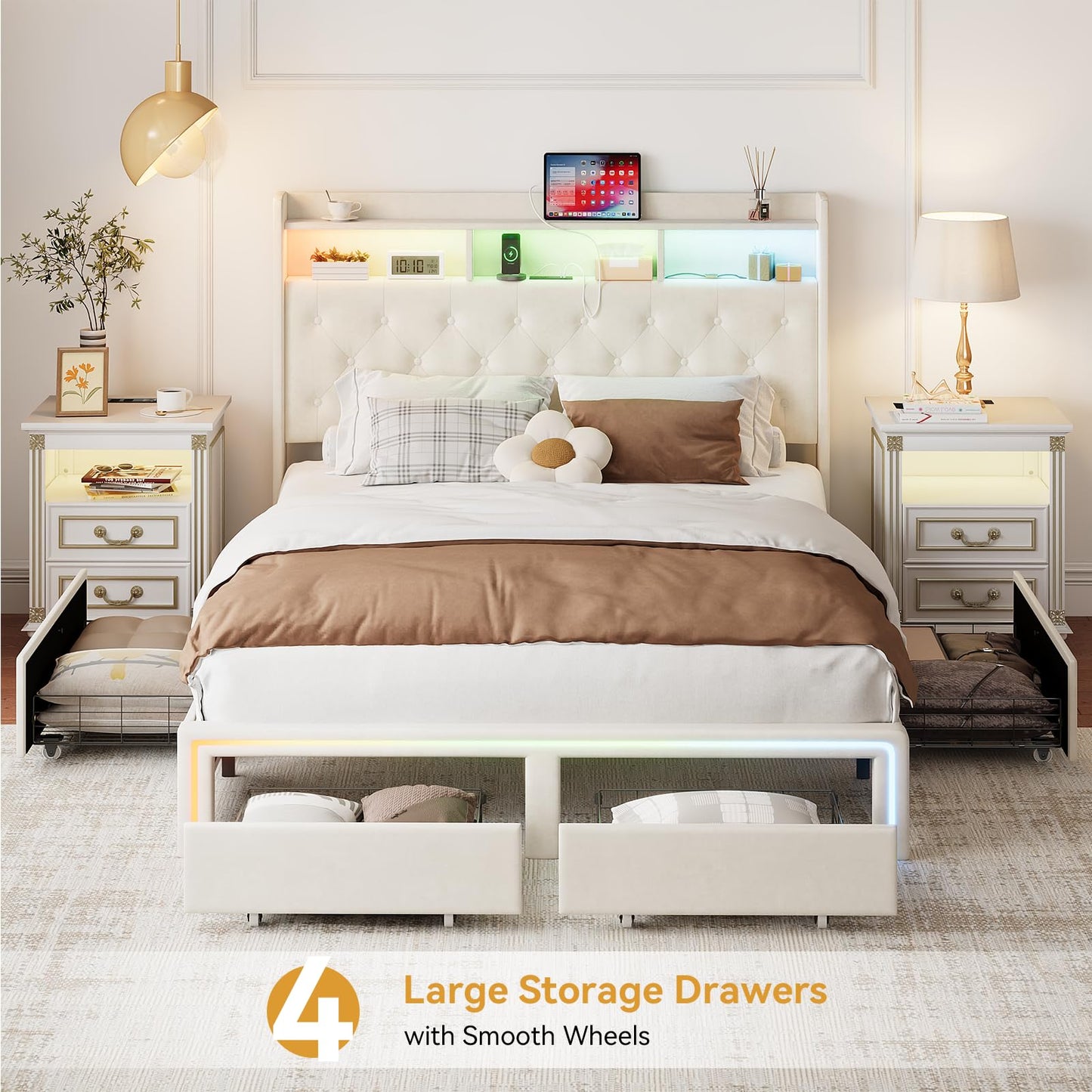 VINTLJUS Queen LED Bed Frame with Storage Headboard & Charging Station, Velvet Fabric Platform Bed Frames with 4 Drawers, No Box Spring Needed, Button Tufted Upholstered, Beige