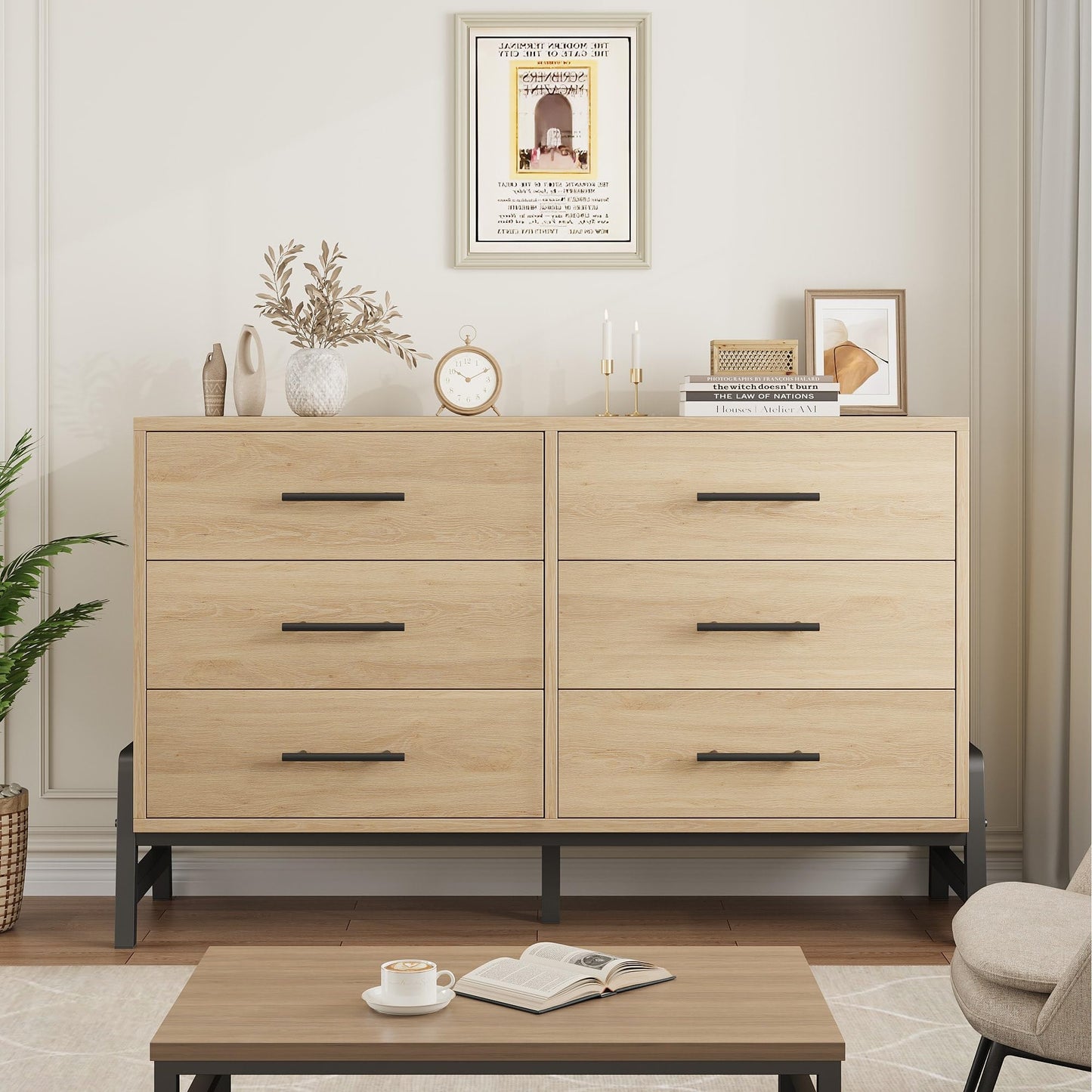 GarveeHome 6 Dresser for Bedroom, 52" Wide Drawer with Large Storage Space, Freestanding Wooden Closet Storage Dresser Chest for Living Room, Bedroom, Entryway, Natural Oak