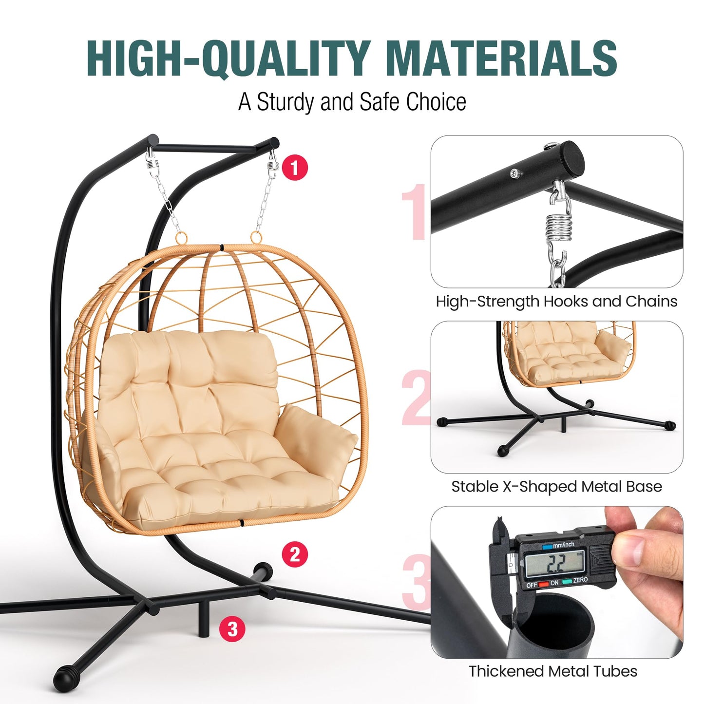 Pamapic Double Egg Chair wth Stand, 700 LBS Loveseat Rattan Swing Chair, UV Resistant Cushions with Armrests and Headrest, Thick Steel Frame Hammock Swing for Outdoor, Patio, Indoor(Beige)