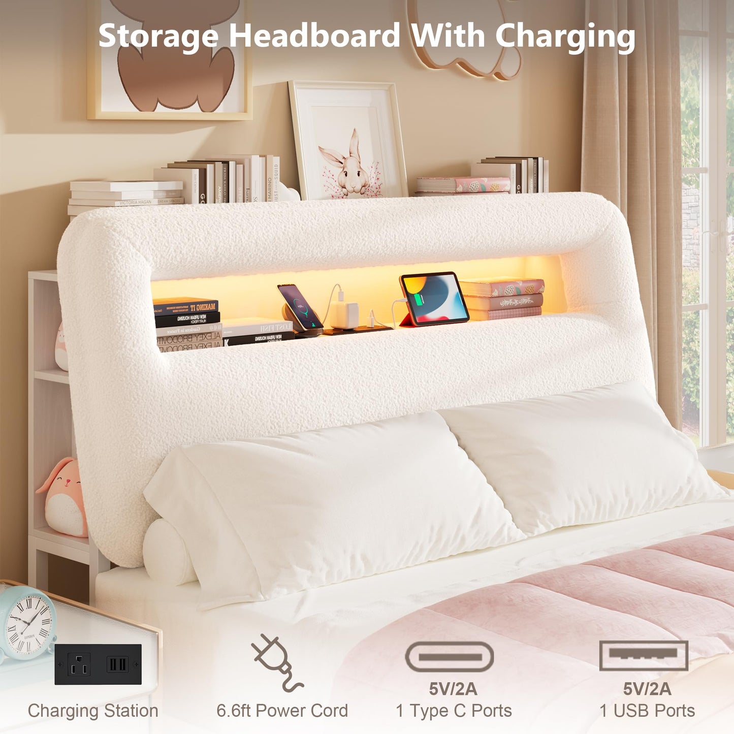 VINTLJUS Queen LED Bed Frame with Storage Headboard & Charging Station, Kids Bed Frames with Bookcase, Teddy Fleece Upholstered Platform Bed Frames with 2 Storage Drawers, No Box Spring Needed, Beige