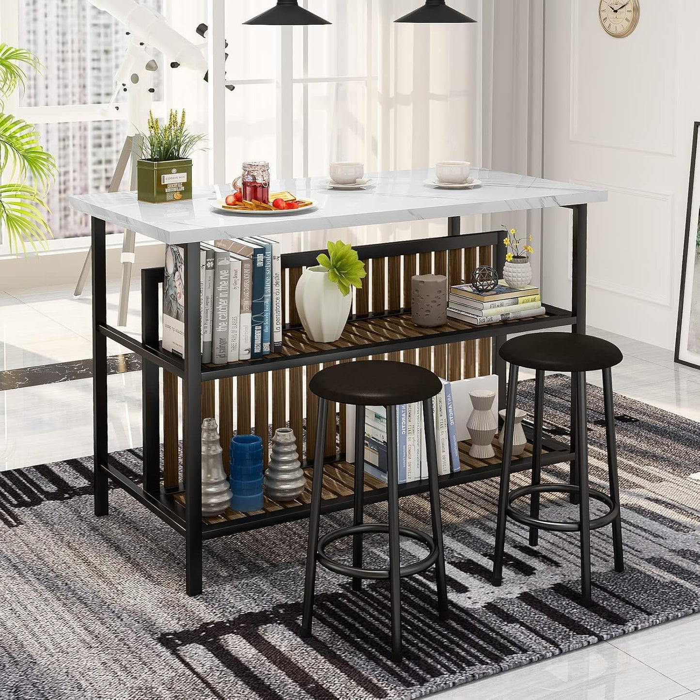 AWQM Kitchen Island with Seating & Storage Shelf, Modern Bar Table and Chairs Set for 2, Wooden Island Table for Kitchen, Dining Table Set for Small Space, White