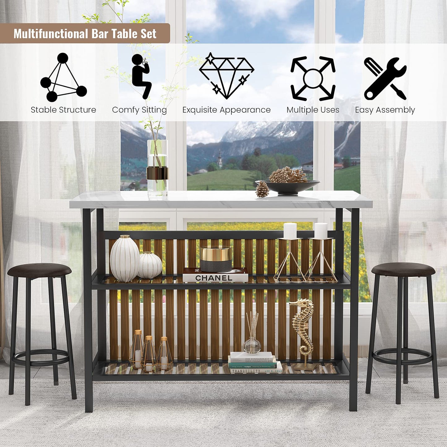 Lamerge 3 Piece Bar Table and Chairs Set, Industrial Bar Table Set with Storage Shelves,Marble Counter Height Table with 2 Bar Stools,Modern Pub Table Dining Room Table Set for Kitchen,White