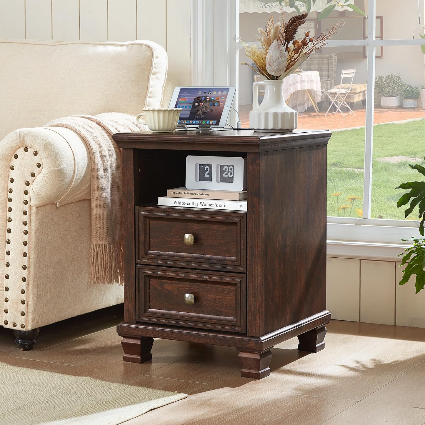 SAVOR LIFE Farmhouse Nightstand with Charging Station, Rustic Brown Nightstand,2 Drawers End Table for Living Room,Bedside Table with Open Shelf for Bed Room,Walnut