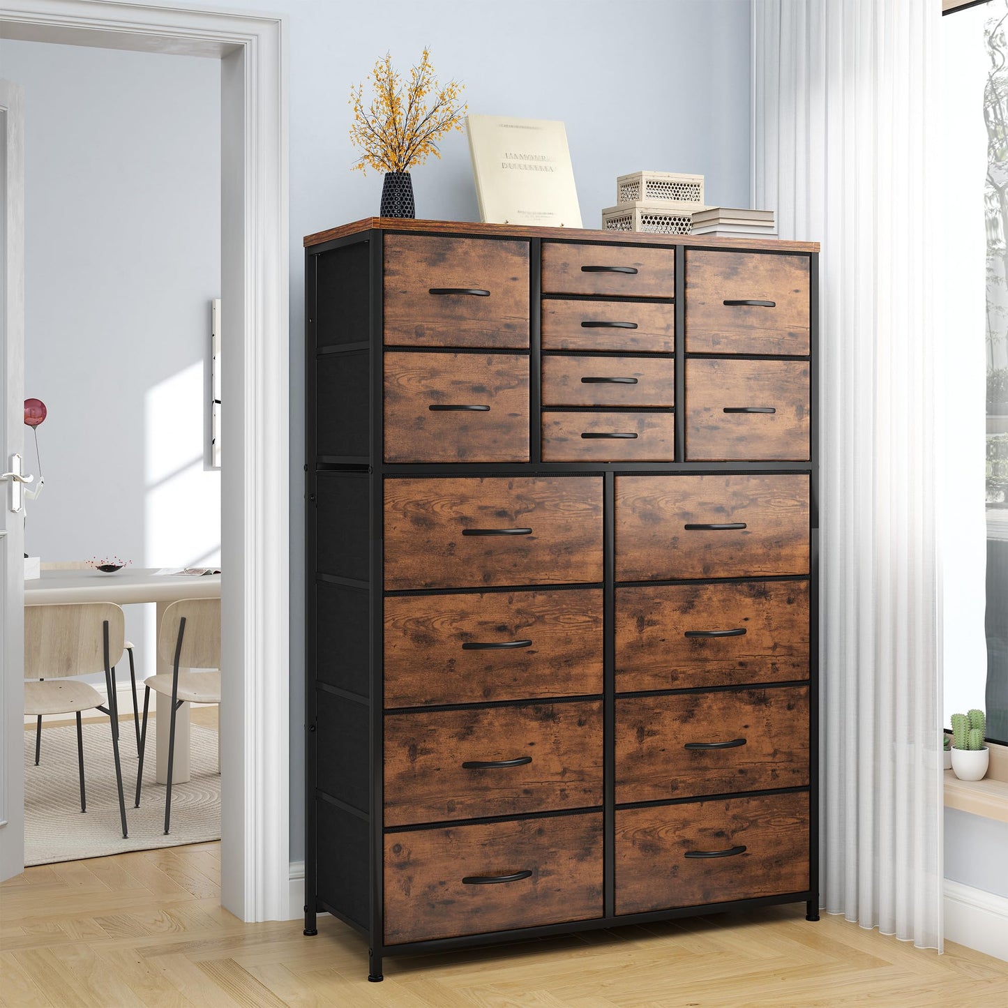 Bepatio 16 Drawers Dresser for Bedroom 57" H Tall Dressers for Bedroom Large Fabric Dressers & Chest of Drawers with Sturdy Metal Frame, Wood Top, Closet, Entryway, Hallway (Rustic Brown)