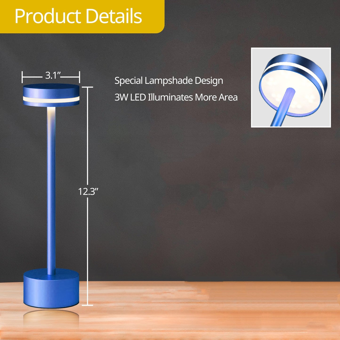 OFiSEXPT Lightweight Portable Rechargeable Bedside Lamp, Touch Stepless Dimmable, Cordless Table Lamp for Versatile Use in Home, Bedroom, Hotel, Restaurant, Bar, Outdoor, 1 Pack (Blue)