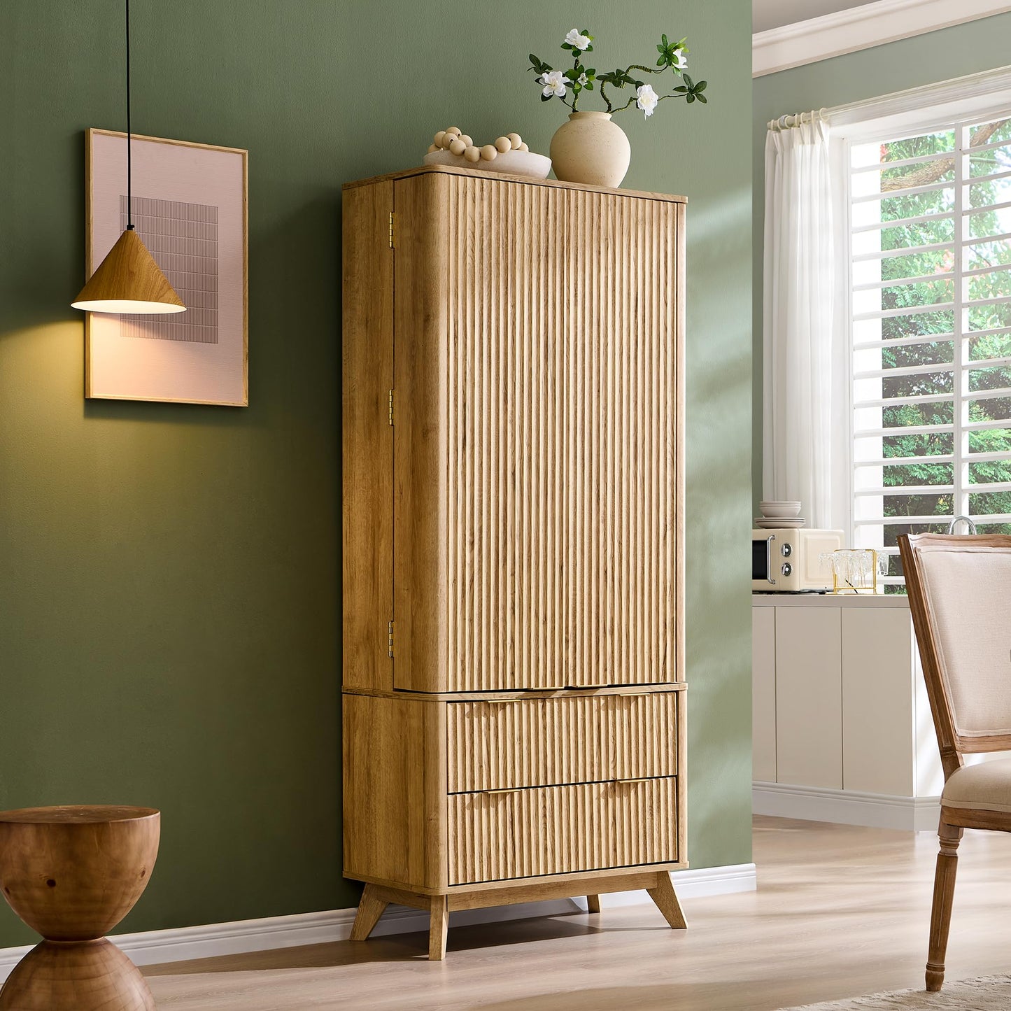 OKD Fluted Pantry Cabinet, Modern Kitchen Hutch, 72" Tall Storage Cabinet with 10 Door Shelves & 2 Drawers, Wood Cupboard for Kitchen & Living Room, Natrual Oak