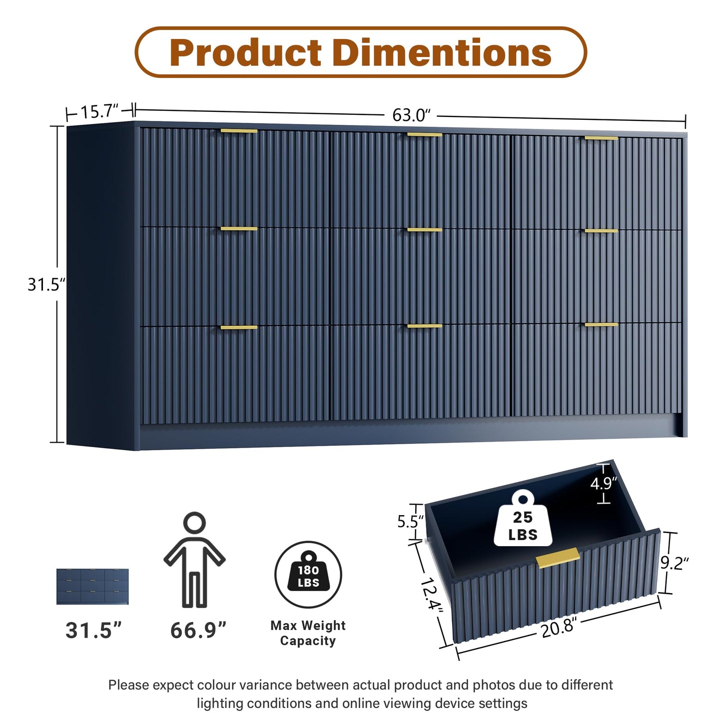 Furniway Blue Dresser for Bedroom, Modern Dresser with 9 Drawers and Smooth Slides, Wide Chest of Drawers with Golden Handles for Bedroom, Living Room, Closet, 15.7" D x 63" W x 31.5" H
