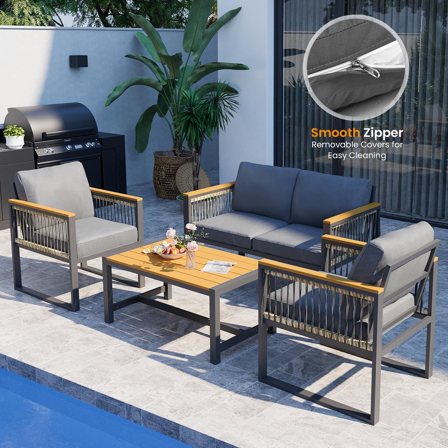 Pamapic 4 Pieces Outdoor Patio Furniture Set with Wicker Handrails, Plastic-Wood Balcony Furniture with Wicker Arm Panel, All-Weather Metal Patio Conversation Sets with Cushion and Coffee Table