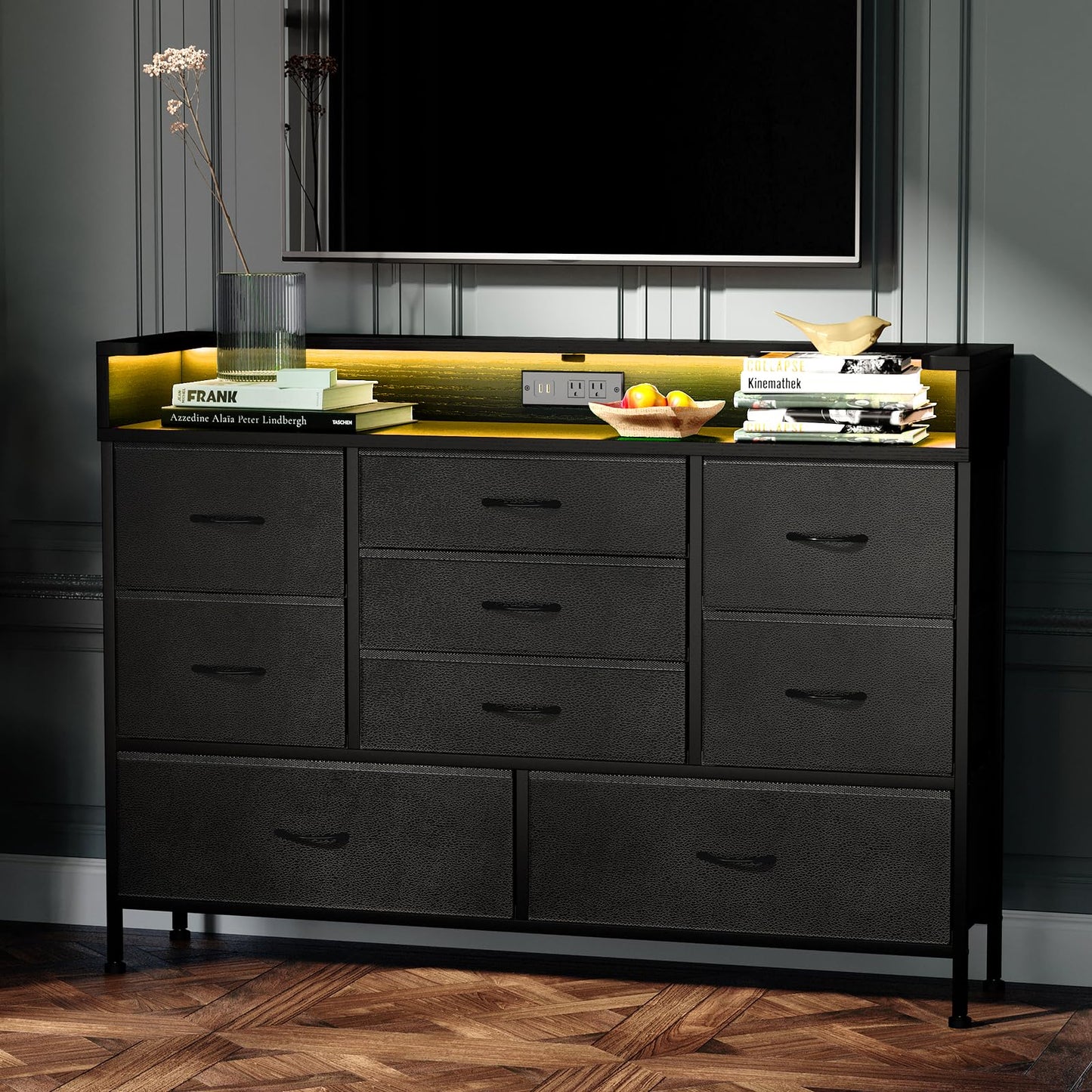 Fixwal Black Dresser for Bedroom with 9 Storage Drawers and Charging Station, Fabric Chest of Drawers for Kid Room, Entryway, Boy Bedroom